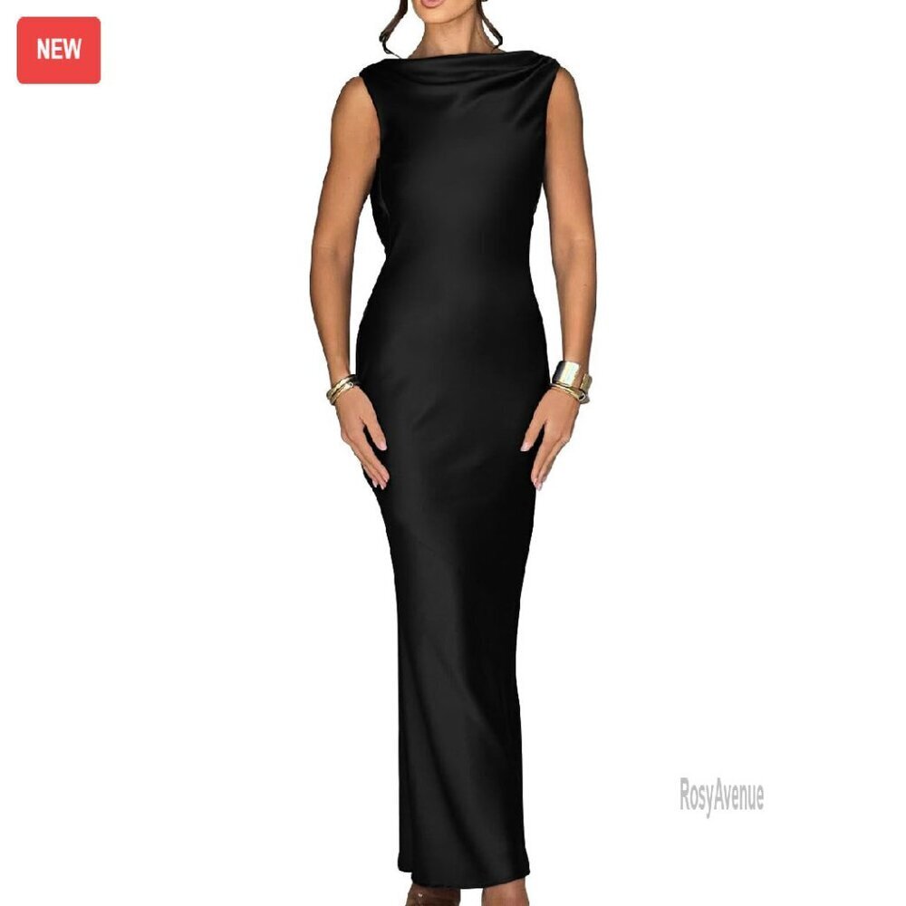 Satin Maxi Dress Sleeveless High Neck Tie Back Wedding Party Formal